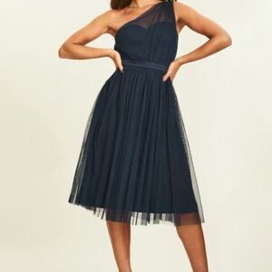 Anaya with Love One Shoulder Tulle Midi Dress Women's Navy Blue Size 8